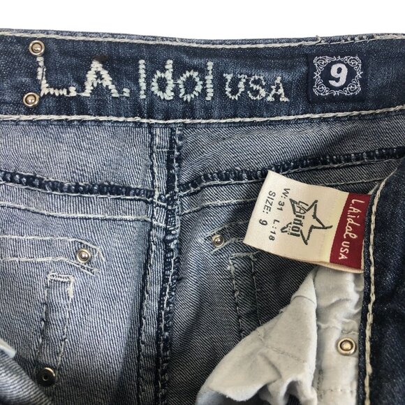 L.A. Idol Denim Capris Sz 9 Jrs Low Rise Dark Wash Flap Pockets Embellished - Picture 3 of 13